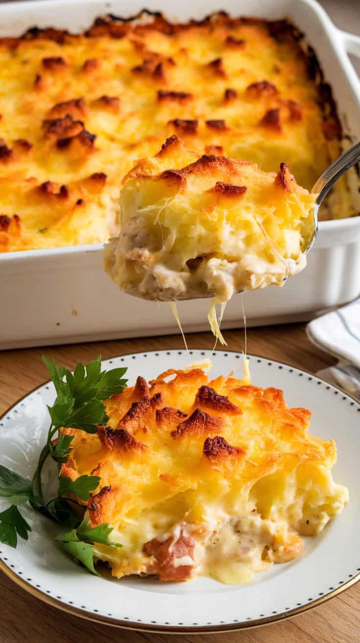 A photo of a freshly baked cheesy potato casserole in a white ceramic baking dish. The surface of the casserole is golden brown and bubbling. A serving spoon lifts a portion of the casserole, revealing the creamy, cheesy layers underneath. A plate with a serving of the casserole sits nearby, garnished with fresh parsley.