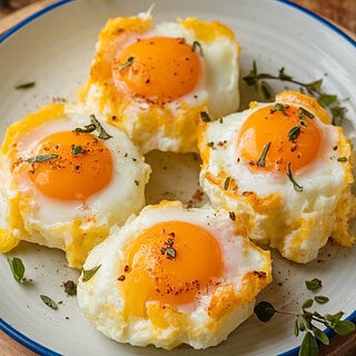 A photo of a plate of cloud eggs with Parmesan. The eggs are golden and super fluffy, with cloud-like, airy egg whites baked with savory cheese and topped with a golden yolk. The plate is placed on a wooden board. There are fresh herbs sprinkled over the eggs. The background is rustic and earthy.