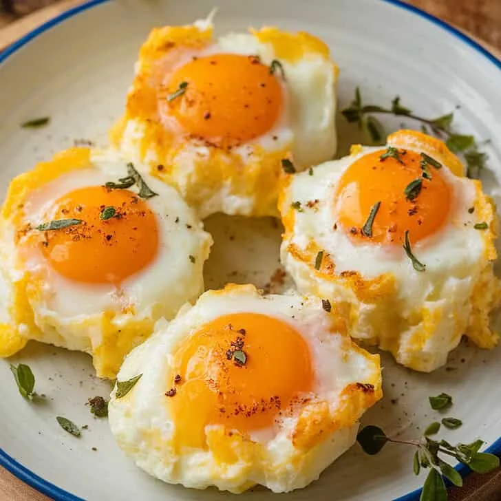 A photo of a plate of cloud eggs with Parmesan. The eggs are golden and super fluffy, with cloud-like, airy egg whites baked with savory cheese and topped with a golden yolk. The plate is placed on a wooden board. There are fresh herbs sprinkled over the eggs. The background is rustic and earthy.