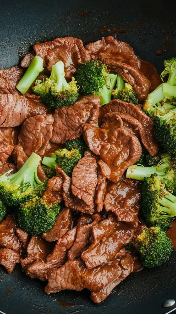 A photo of a wok filled with sizzling thinly sliced beef, coated in a rich soy and oyster sauce mixture. Bright green broccoli florets are being stirred in, creating a balanced and vibrant dish. The sauce is thickening, giving the beef a glossy, flavorful coating.
