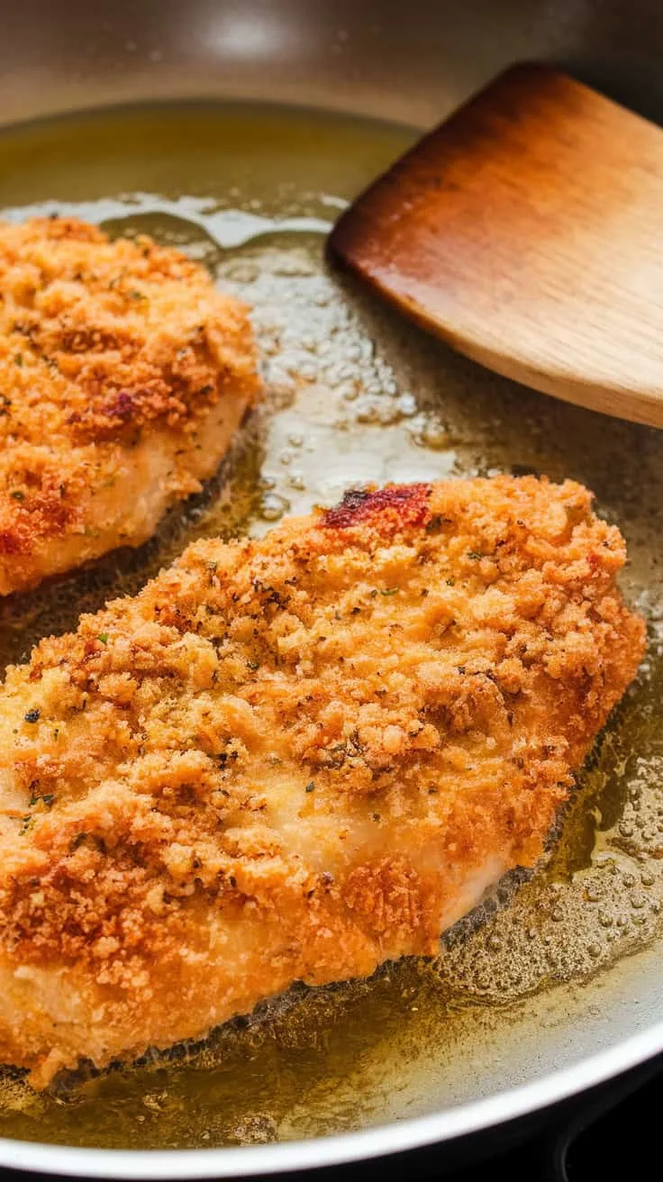 A photo of a golden, breaded chicken cutlet sizzling in a hot skillet with a light layer of oil. The breadcrumbs are crisping to a golden brown while the edges of the chicken turn perfectly crispy. A wooden spatula rests nearby.