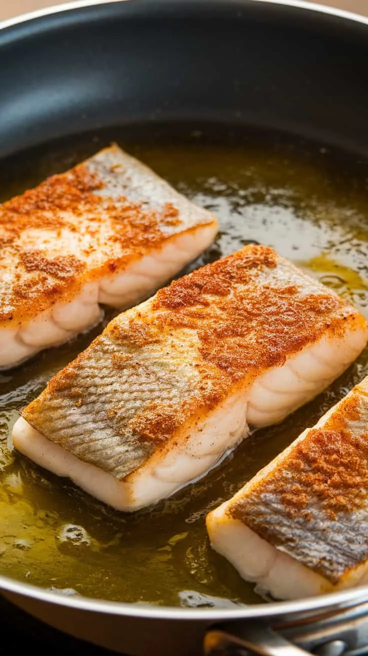 A photo of a non-stick pan with golden, lightly crispy fish fillets sizzling in oil. The surface of the fish is seared with a smoky spice rub. The oil glistens under warm lighting, enhancing the golden texture of the fish.