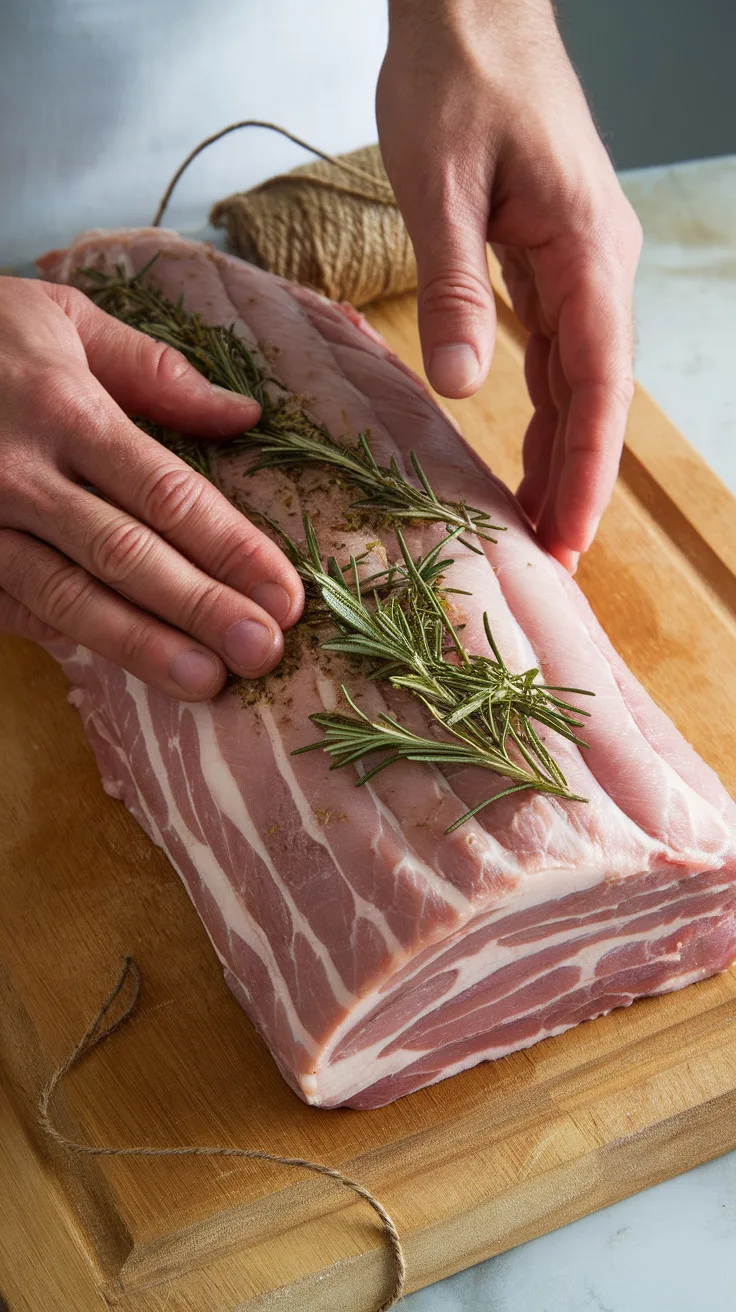 Pork belly being seasoned with a fresh herb mixture before rolling into a traditional porchetta. The ingredients are layered evenly to ensure deep flavor in every slice.