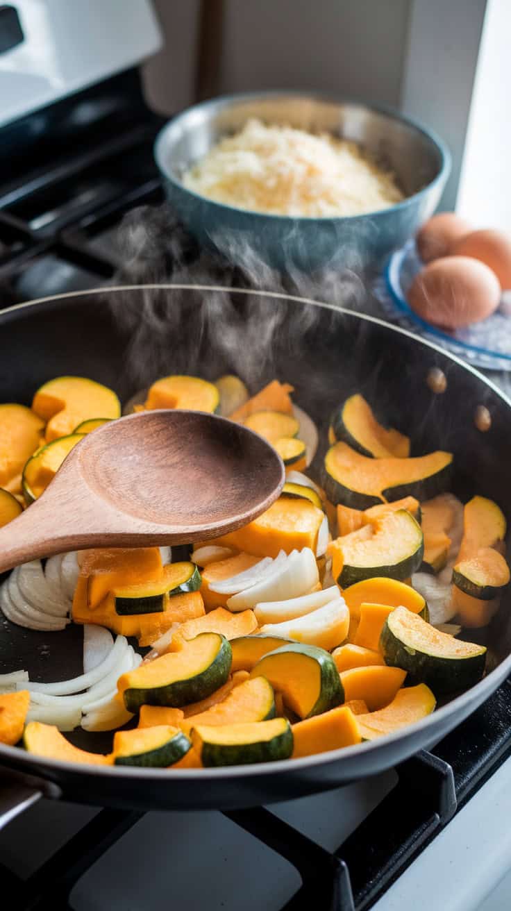 A photo of a large nonstick skillet on a stove filled with sautéed squash and onions. Steam is slightly rising from the pan as the vegetables soften. A wooden spoon is resting on the pan's edge. In the background, there is a bowl of grated cheese and eggs waiting.
