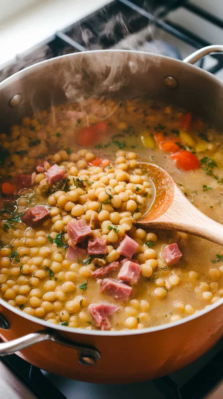 A photo of a large pot filled with simmering split pea soup on a stovetop. The soup contains soft peas breaking down into a thick, creamy broth. A wooden spoon stirs through chunks of ham, vegetables, and herbs. Wisps of steam rise from the surface, giving the soup a warm, inviting appearance.