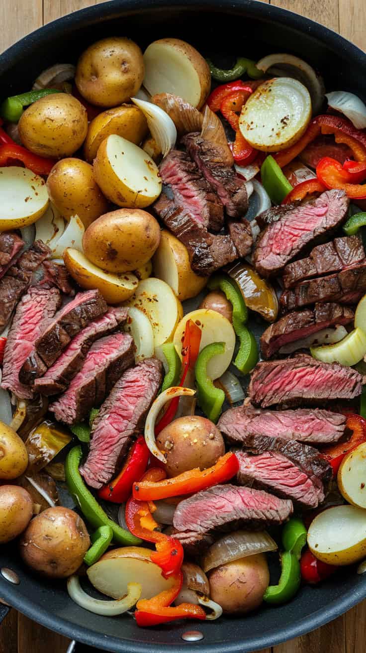 A top-view photo of a pan filled with a sizzling mixture of potatoes, onions, and bell peppers. The potatoes are golden and crispy, while the onions and bell peppers are cooked through. Steak slices are added for flavor, and they are partially cooked. The background is a wooden surface.