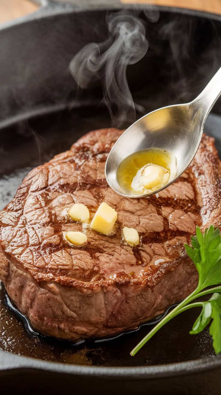 A photo of a close-up of a steak sizzling in a cast-iron skillet, forming a deep golden crust. Wisps of steam rise as melted butter and garlic are spooned over the top. A sprig of fresh parsley is ready to be added for garnish.
