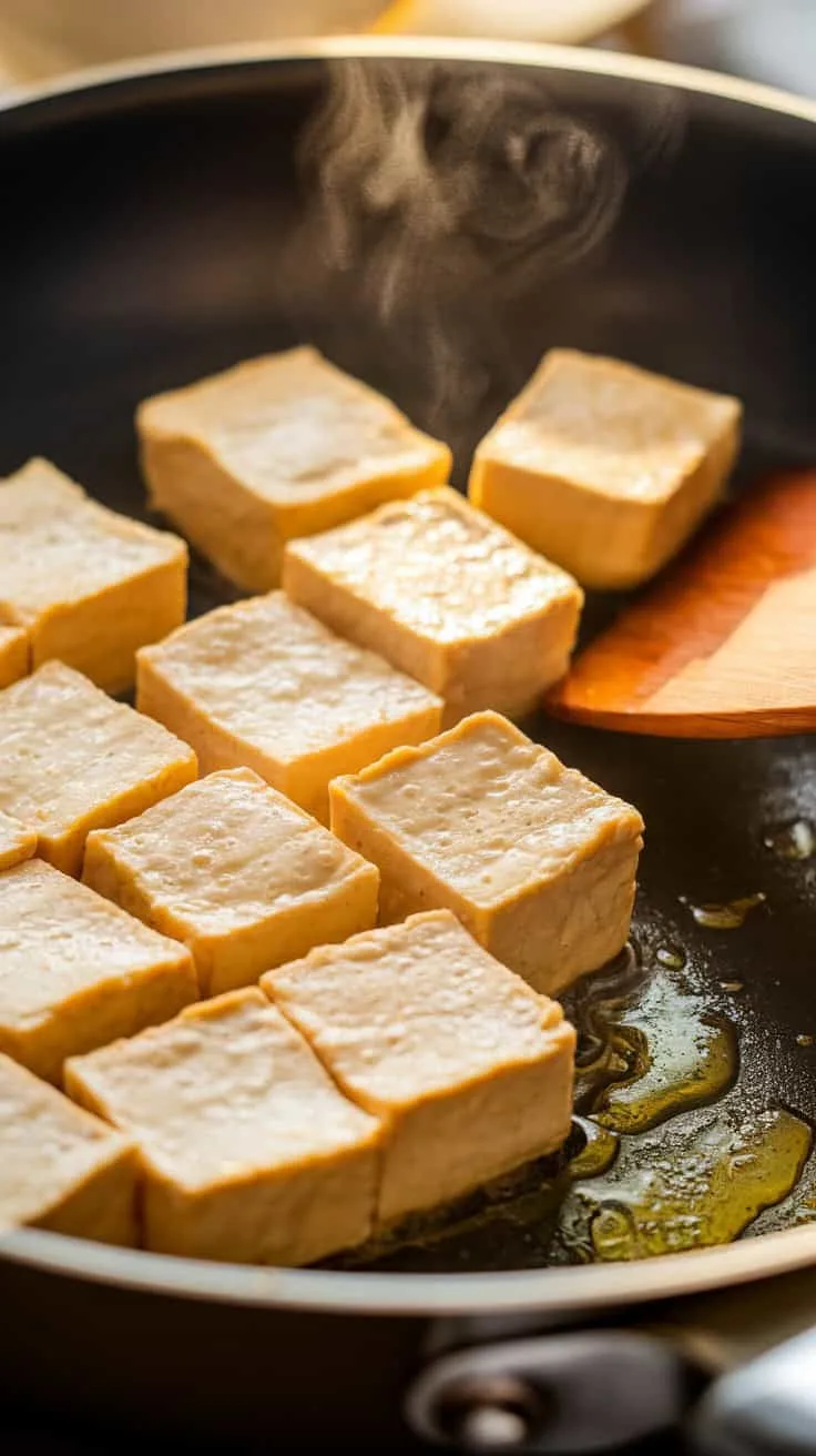 A photo of golden cubes of tofu sizzling in a non-stick pan. The tofu pieces are lightly crisped on all sides. A wooden spatula is seen flipping the tofu pieces. Steam is rising from the pan. The oil glistens under warm lighting, highlighting the perfect texture of the tofu.