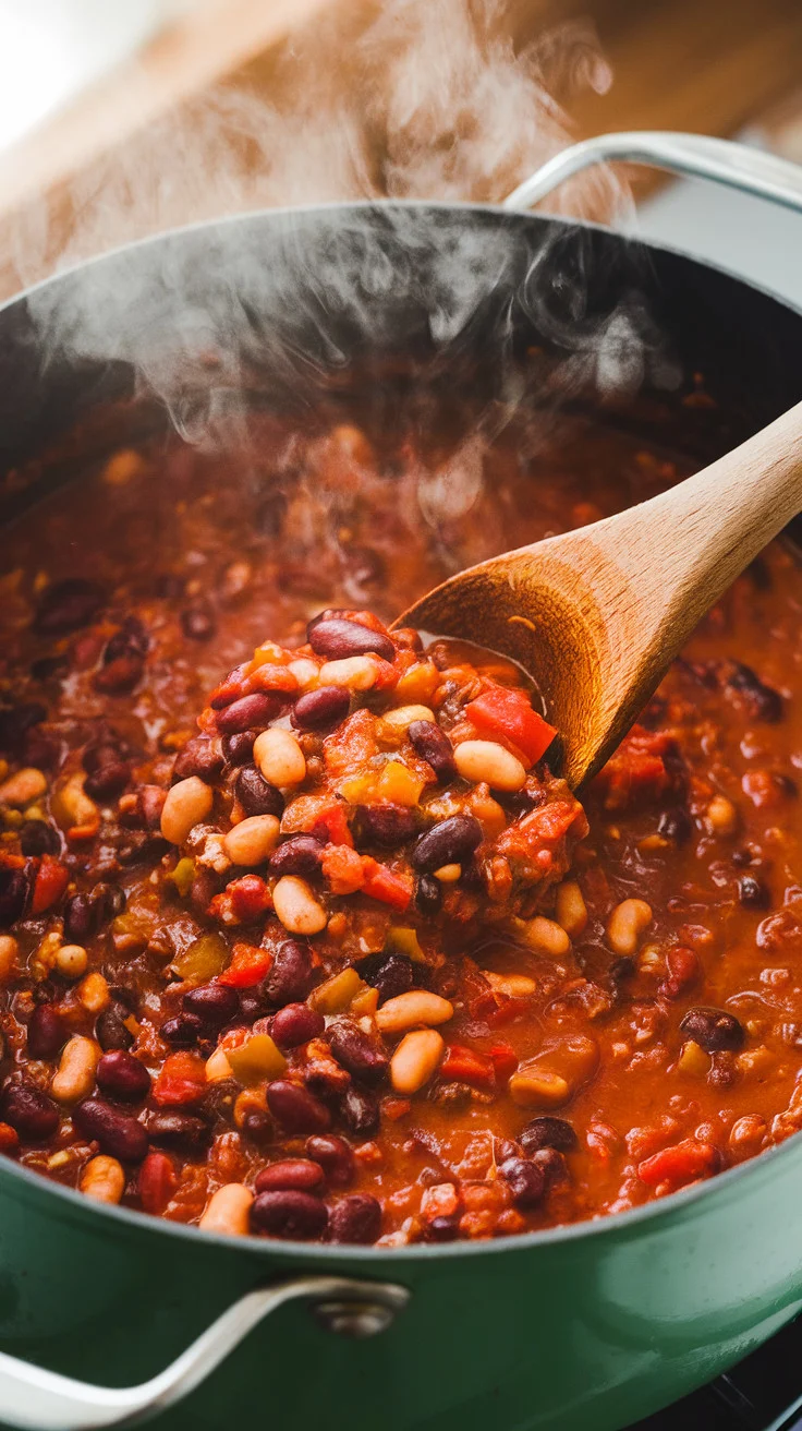 A photo of a large pot filled with thick, simmering vegetarian chili. The mixture is rich and deep red, with visible beans, tomatoes, and bell peppers. Steam rises from the pot, and a wooden spoon is stirring the chili as it thickens.