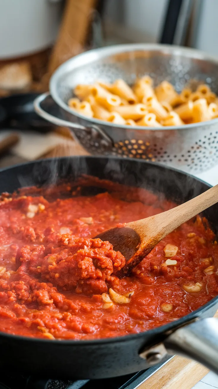 A photo of a skillet with simmering tomato sauce filled with chunks of ground sausage, onions, and garlic. A wooden spoon stirs the thick sauce as steam rises. In the background, a colander of freshly drained ziti pasta sits ready to be mixed. The skillet is placed on a wooden surface. The background is blurred, showing a kitchen with additional cookware and utensils.