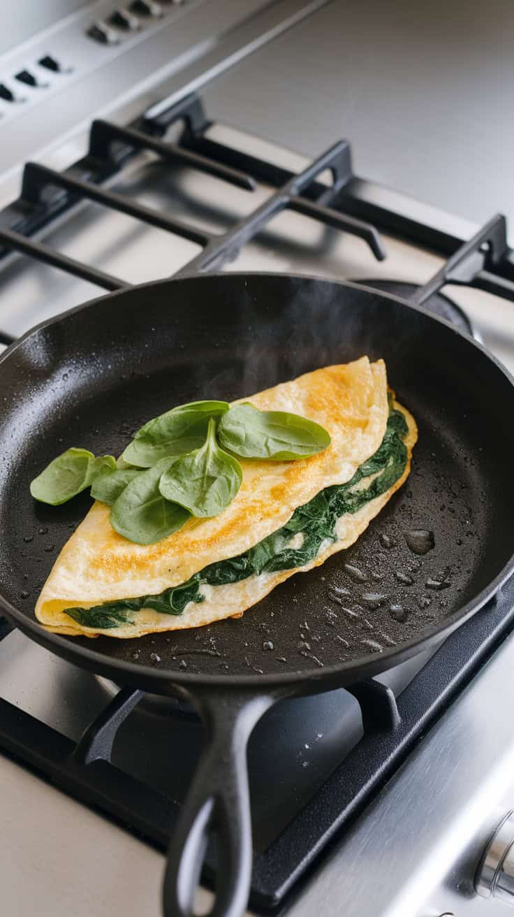 A photo of a nonstick skillet on a stovetop with an egg white omelette filled with spinach. The omelette has a slightly crispy texture. There are some fresh spinach leaves on top of the omelette. The skillet is sizzling, with a few drops of oil visible. The stovetop has burners with different temperature settings. The background is clean and minimalistic, with a few utensils.