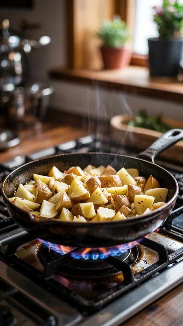 A photograph of a cast iron pan on a stovetop with golden brown and crispy diced potatoes. The pan is set over a medium heat flame with olive oil sizzling around the edges of the potatoes. The kitchen has a warm, inviting ambiance with sunlight streaming through a window behind the stove, casting a soft glow over the scene.