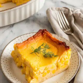 A photo of the final serving of corn pudding casserole. The edges are lightly browned and the center is soft and custardy. A fork and linen napkin sit beside the plate on a marble countertop.