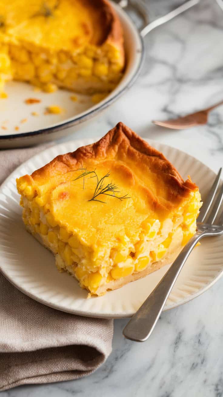 A photo of a golden slice of corn pudding casserole served on a white plate. The edges are lightly browned and the center is soft and custardy. A fork and linen napkin sit beside the plate on a marble countertop.