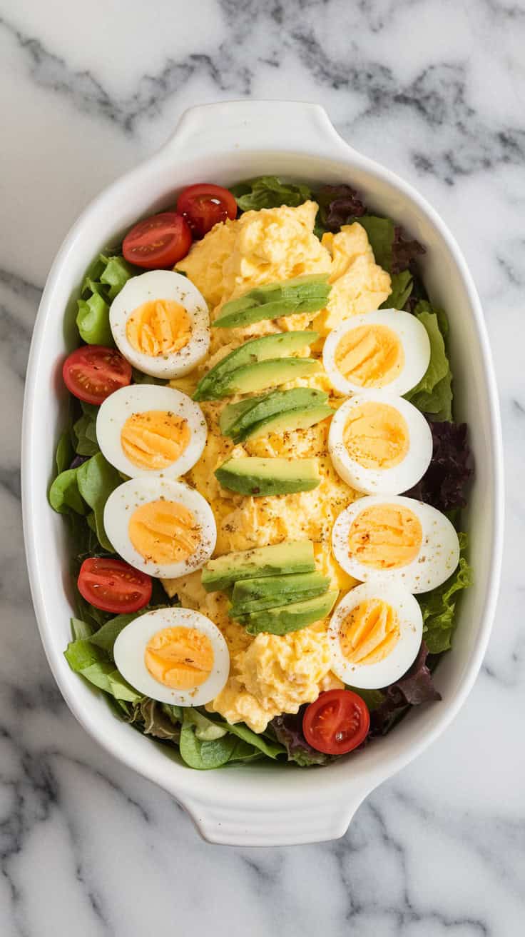 A photograph of a final serving of deviled egg breakfast salad in a white ceramic dish. The salad consists of salad greens topped with a generous spread of deviled egg filling and slices of hard-boiled eggs. Optional toppings of cherry tomatoes and avocado add extra color and texture to the dish. The dish is placed on a marble countertop.