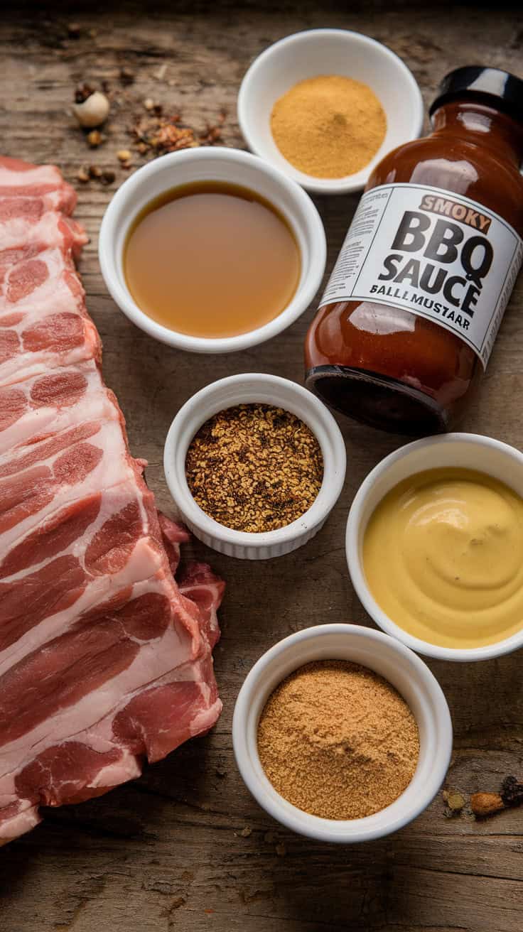 A photo of a collection of fresh ingredients on a rustic wooden surface. There's a rack of raw pork ribs, a small bowl of BBQ seasoning rub, a bottle of smoky BBQ sauce, a dish of apple cider vinegar, a bowl of yellow mustard, and a small container of brown sugar.