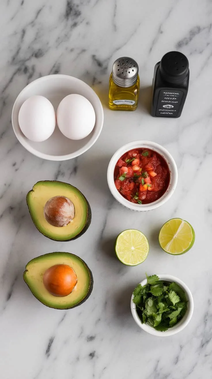 A photo of a marble countertop with a ripe avocado sliced in half, two eggs in a small bowl, a ramekin of salsa, a bottle of olive oil, salt and pepper shakers, and fresh lime wedges with chopped cilantro in the corner. Each item is spaced out cleanly to show preparation.
