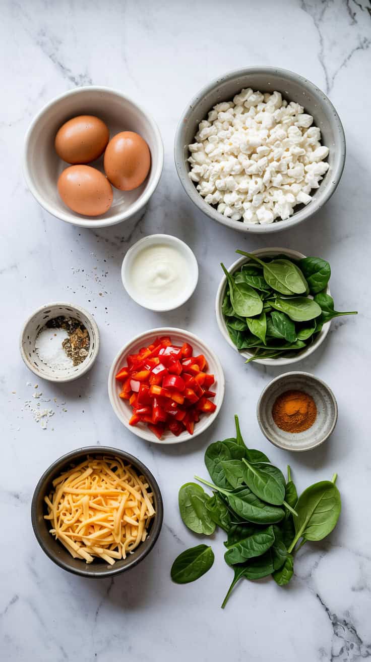 A top view photograph of neatly arranged ingredients on a pristine white marble countertop. The layout includes a bowl of whole eggs, a small dish of creamy cottage cheese, finely chopped spinach, diced red bell peppers, shredded cheddar cheese, and a spice dish with salt and pepper. A muffin pan is placed beside the ingredients, hinting at the baking process. The background is subtly blurred, creating a clean and focused composition with soft, natural lighting that highlights the vibrant colors of the ingredients.