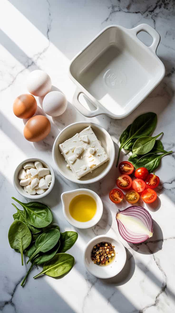 A top view photograph of neatly arranged ingredients on a pristine white marble countertop. The display includes whole eggs, a block of crumbly feta cheese, halved cherry tomatoes, fresh baby spinach leaves, sliced red onions, olive oil in a small ceramic dish, and a sprinkle of crushed red pepper flakes. A white ceramic baking dish and a small mixing bowl are placed nearby, with soft, natural lighting casting gentle shadows and highlighting the vibrant colors of the ingredients.