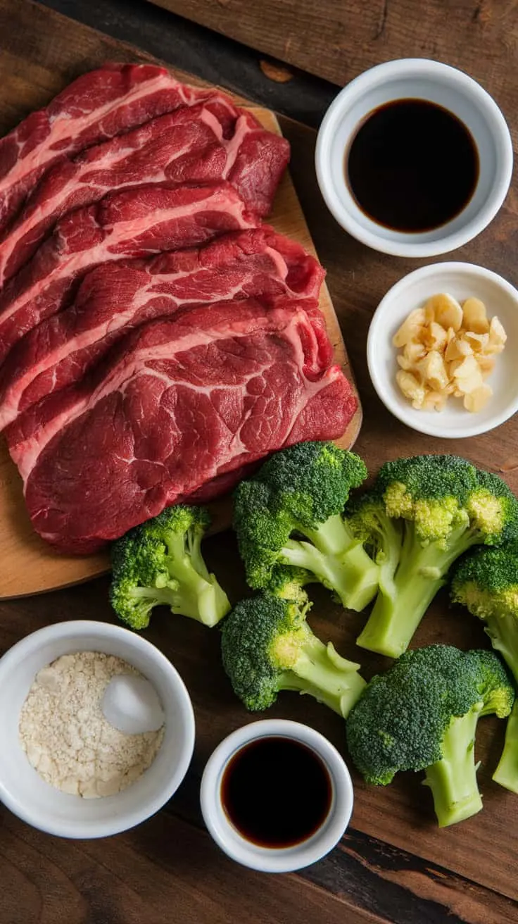 A photo of a wooden surface with a collection of fresh ingredients for a stir-fry dish. There are thinly sliced raw flank steak, bright green broccoli florets, soy sauce in a small dish, minced garlic and ginger, oyster sauce, cornstarch in a tiny bowl, and sesame oil. The ingredients are arranged in a visually appealing manner.