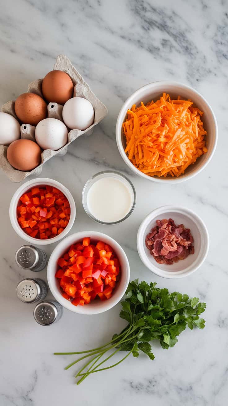 A photo of a marble countertop with a dozen eggs, a bowl of shredded cheddar cheese, chopped bell peppers, a small glass of milk, cooked bacon bits, salt and pepper shakers, and fresh parsley. The ingredients are portioned in prep bowls, ready for mixing. The background is clean and simple.