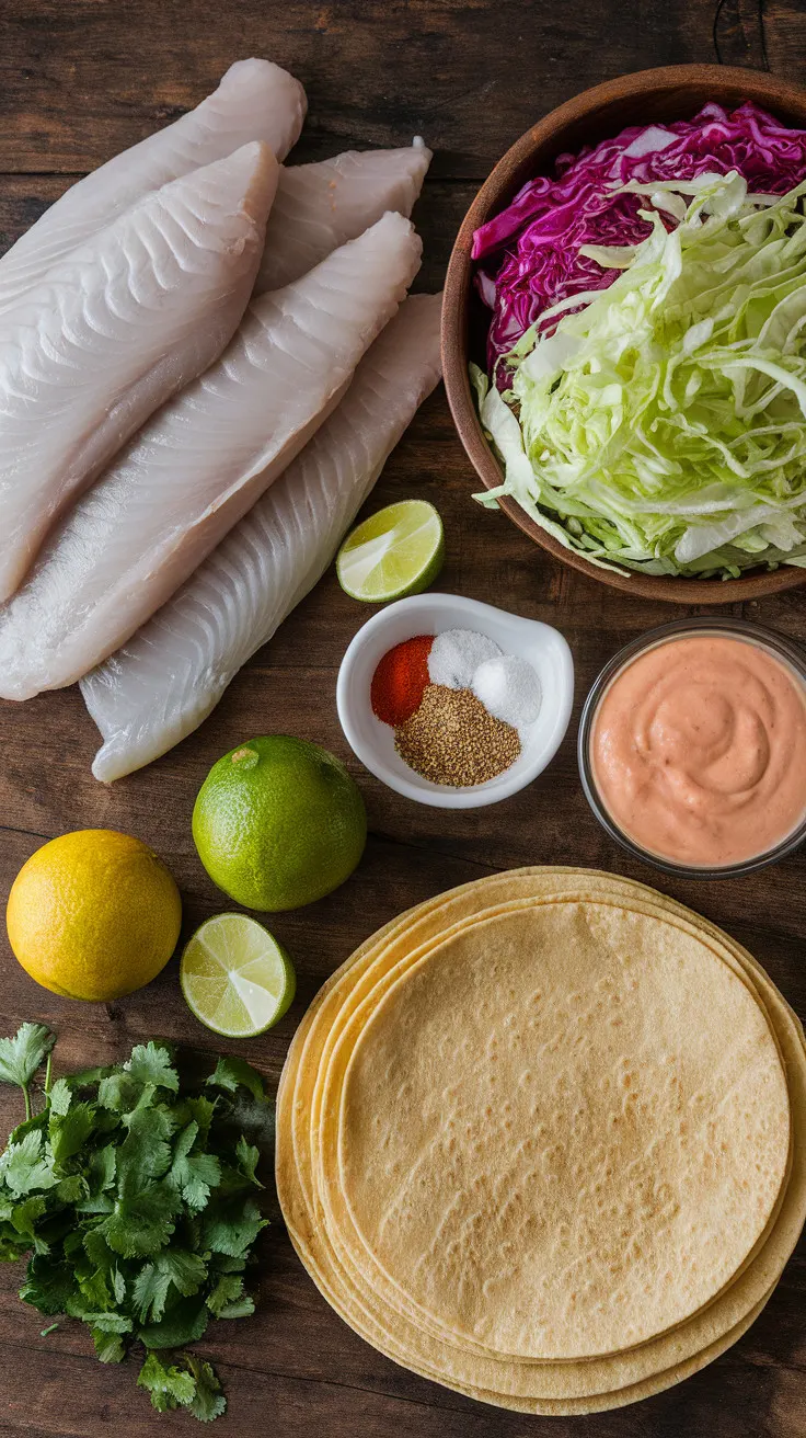 A photo of a collection of fresh ingredients on a rustic wooden surface. There are raw white fish fillets, shredded green and purple cabbage in a bowl, fresh limes, a small dish of cumin and paprika seasoning, corn tortillas stacked neatly, a creamy sauce in a small bowl, and chopped cilantro for garnish.