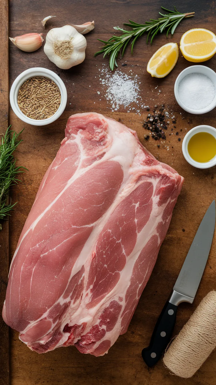 Fresh ingredients for Italian pork porchetta, including pork belly, fennel seeds, rosemary, garlic, lemon zest, and olive oil. The rustic wooden background highlights the bold, aromatic flavors used in this traditional dish.