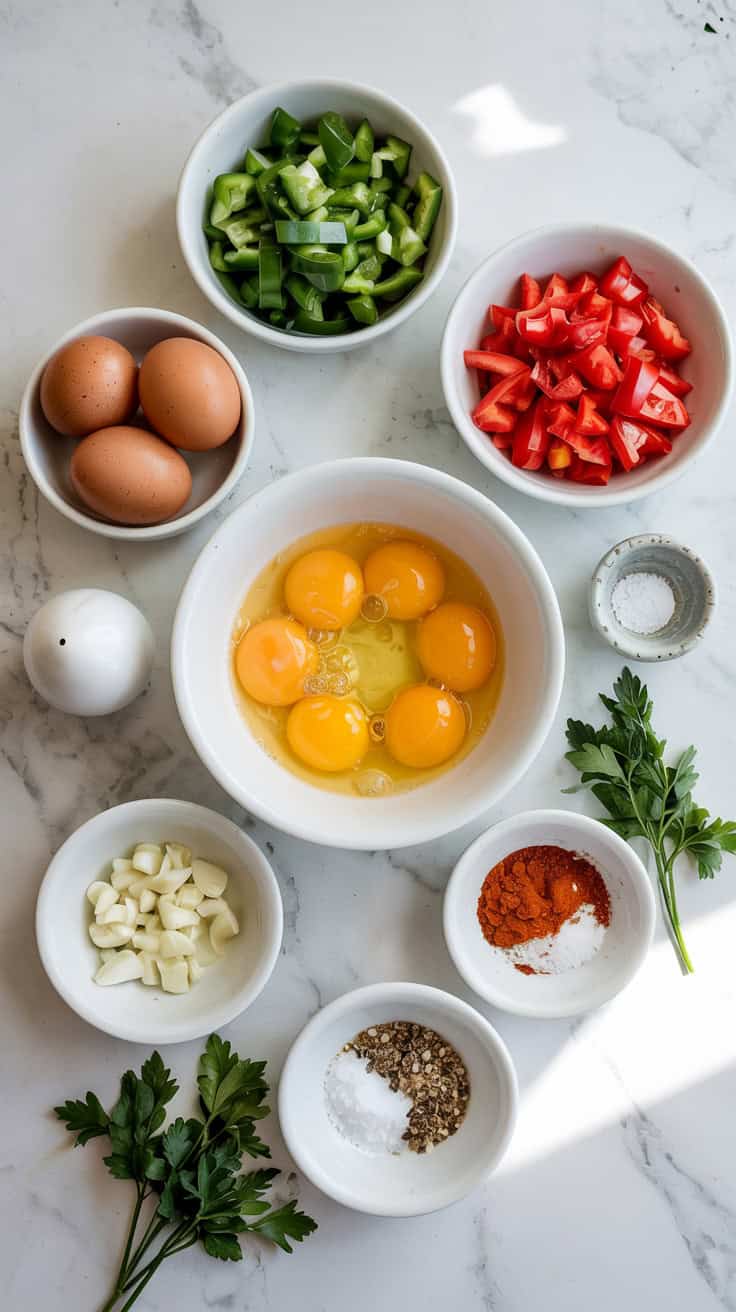 A top-view photograph of the ingredients for Mediterranean scrambled eggs arranged on a white marble countertop. In the center, a large white ceramic bowl holds freshly cracked eggs, surrounded by smaller white ceramic bowls containing chopped tomatoes, green bell peppers, onions, and minced garlic. To the side, smaller bowls hold paprika, salt, and pepper, while fresh parsley sprigs are neatly placed nearby. The background is a clean, uncluttered white marble surface, with natural light casting a soft, even glow over the arrangement.