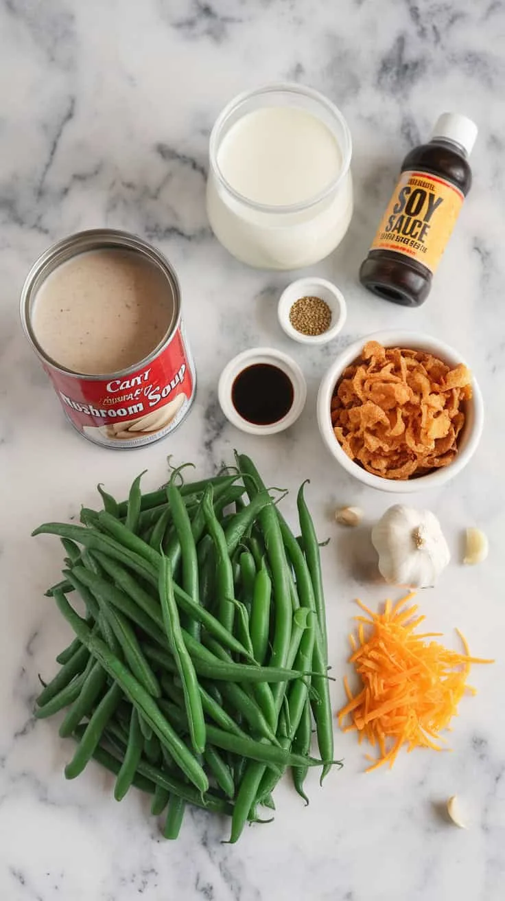 A photo of a marble counter with a can of cream of mushroom soup, trimmed fresh green beans, milk, soy sauce, black pepper, a bowl of crispy fried onions, garlic cloves, and shredded cheese. The cream of mushroom soup is open, and the green beans are neatly arranged. The milk, soy sauce, and black pepper are in their original containers. The bowl of crispy fried onions is next to the green beans. The garlic cloves and shredded cheese are off to the side as optional add-ins.
