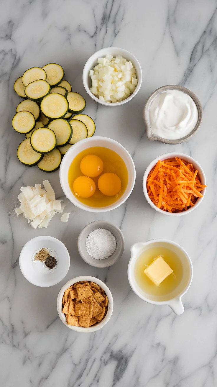 A photo of a marble countertop with a clean prep look. There are sliced yellow squash, chopped onion, eggs in a bowl, shredded cheddar, sour cream, salt, pepper, crushed crackers in a small dish, and melted butter. All ingredients are portioned into small bowls.