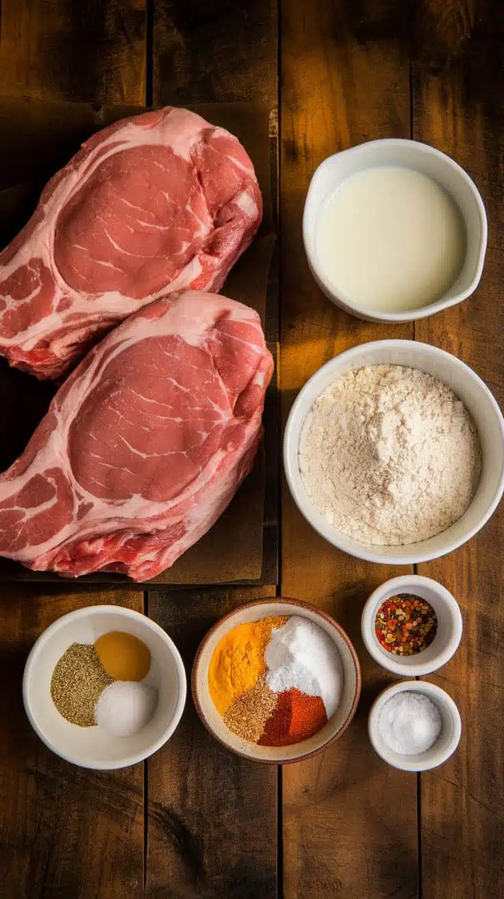 Fresh ingredients for Southern Fried Pork Steak, including pork steaks, buttermilk, eggs, flour, cornstarch, and seasonings. The setup showcases everything needed for a crispy, flavorful crust.