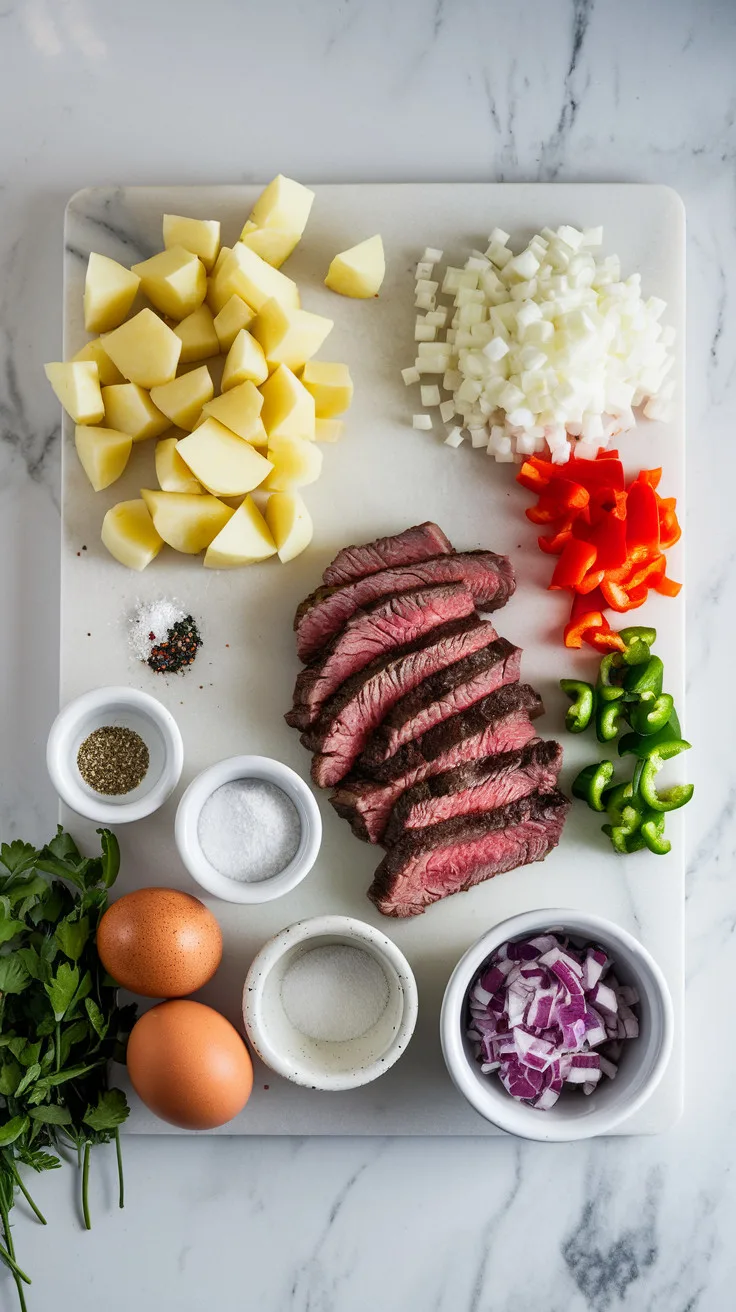 A top view photo of a white marble countertop with a variety of ingredients. There are diced potatoes, cooked steak slices, chopped onion, bell pepper, garlic, eggs, and seasonings like salt and pepper. A few fresh herbs for garnish are placed nearby. The countertop is clean and the ingredients are neatly arranged.