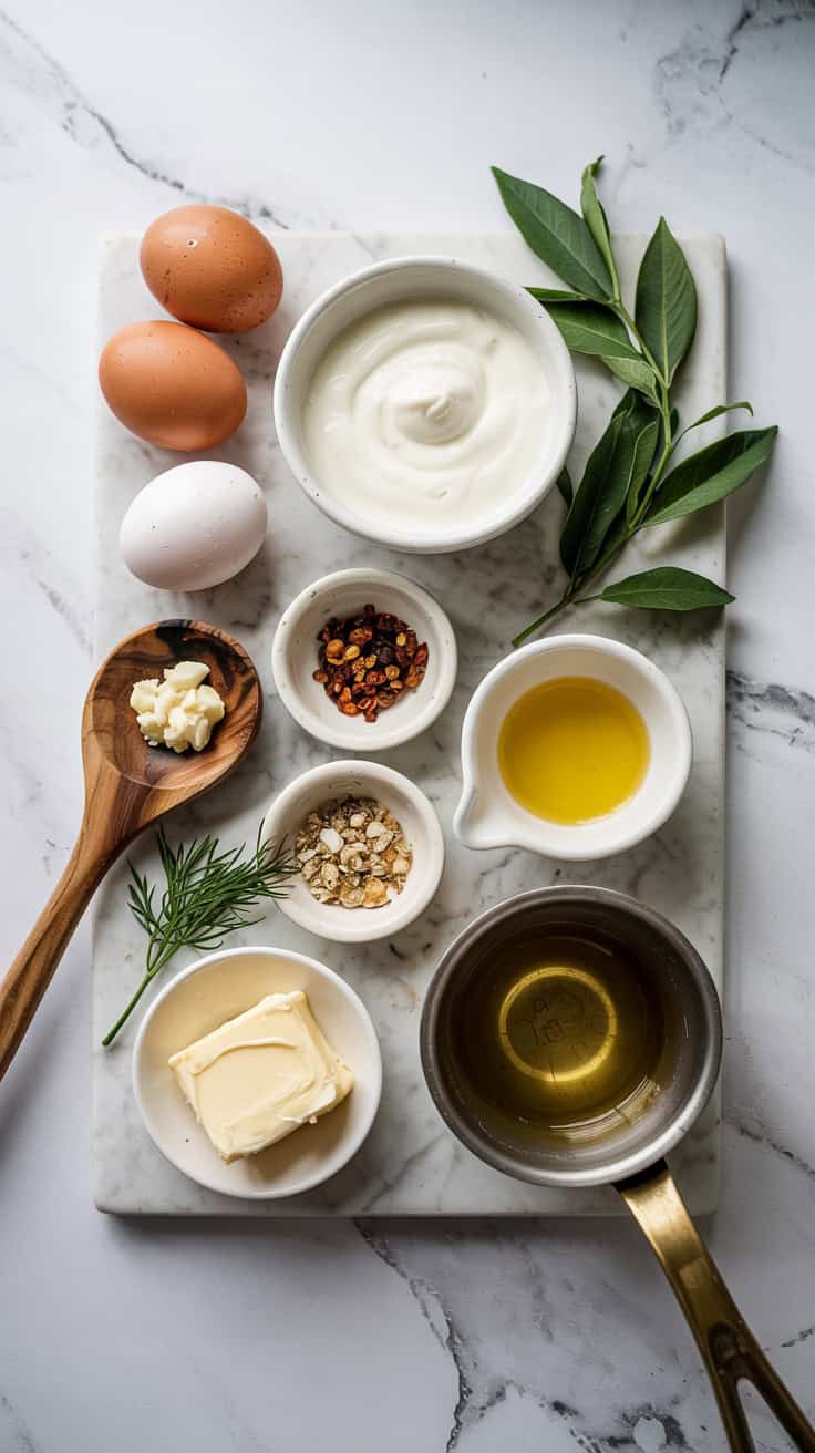 A top view photograph of fresh ingredients neatly arranged on a pristine white marble countertop. The display features whole eggs, a small white ceramic bowl of creamy Greek yogurt, a wooden spoon with minced garlic, a small dish of crushed red pepper flakes, a sprig of chopped dill, a dish of golden butter, and a drizzle of olive oil. A small copper saucepan is positioned to the side, suggesting the preparation of poached eggs, with soft, diffused lighting enhancing the natural colors and textures of the ingredients.
