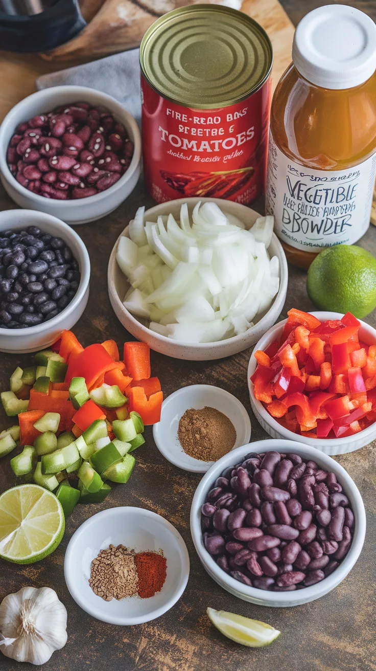 A photo of a collection of fresh ingredients on a rustic wooden surface. There are kidney beans, black beans, and pinto beans in small bowls. There's a can of fire-roasted tomatoes and a bottle of vegetable broth. There are chopped onions and bell peppers in separate bowls. There's a small dish of cumin and chili powder. There are fresh garlic cloves and a lime. The background is slightly blurred.