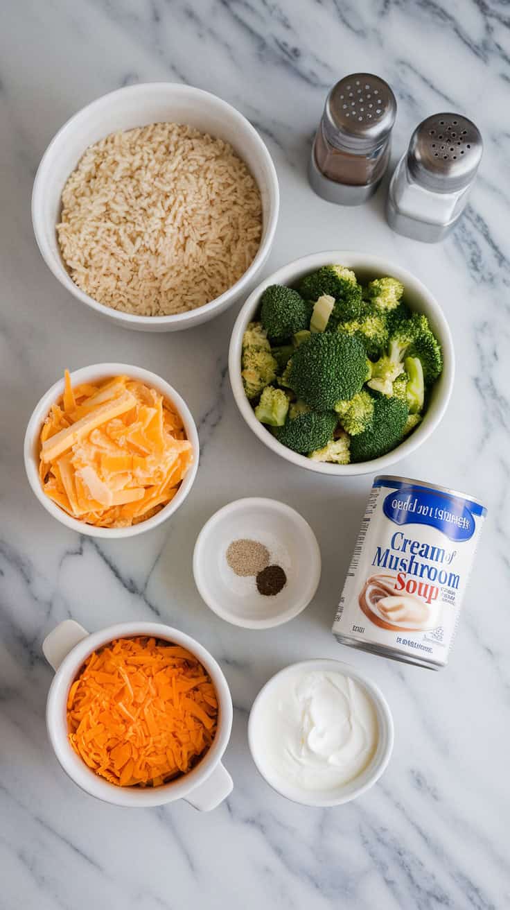 A photo of a marble countertop with bowls of cooked rice, chopped broccoli, grated cheddar cheese, a can of cream of mushroom soup, a small dish of sour cream, and salt and pepper shakers. Optional add-ins like garlic powder and cracker crumbs are arranged neatly beside the main ingredients.