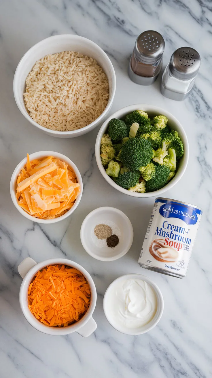 A photo of a marble countertop with bowls of cooked rice, chopped broccoli, grated cheddar cheese, a can of cream of mushroom soup, a small dish of sour cream, and salt and pepper shakers. Optional add-ins like garlic powder and cracker crumbs are arranged neatly beside the main ingredients.
