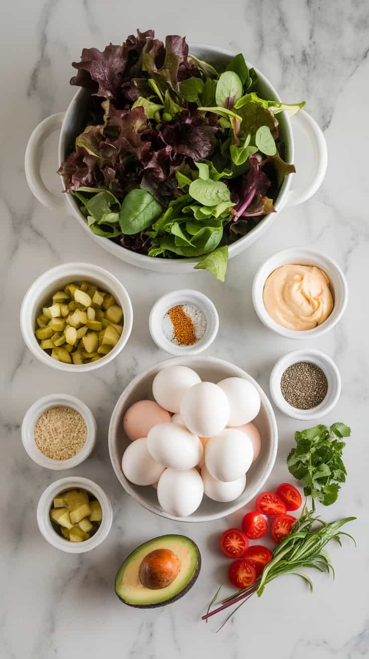 A photo of a white marble countertop with a deviled egg breakfast salad and its ingredients. There is a large white ceramic bowl filled with mixed greens. Smaller white ceramic bowls contain chopped pickles, mayonnaise, mustard, salt, black pepper, and freshly boiled eggs. There are also optional cherry tomatoes, avocado slices, and fresh herbs. The setup has a homey feel, with everything neatly prepared and ready to assemble.