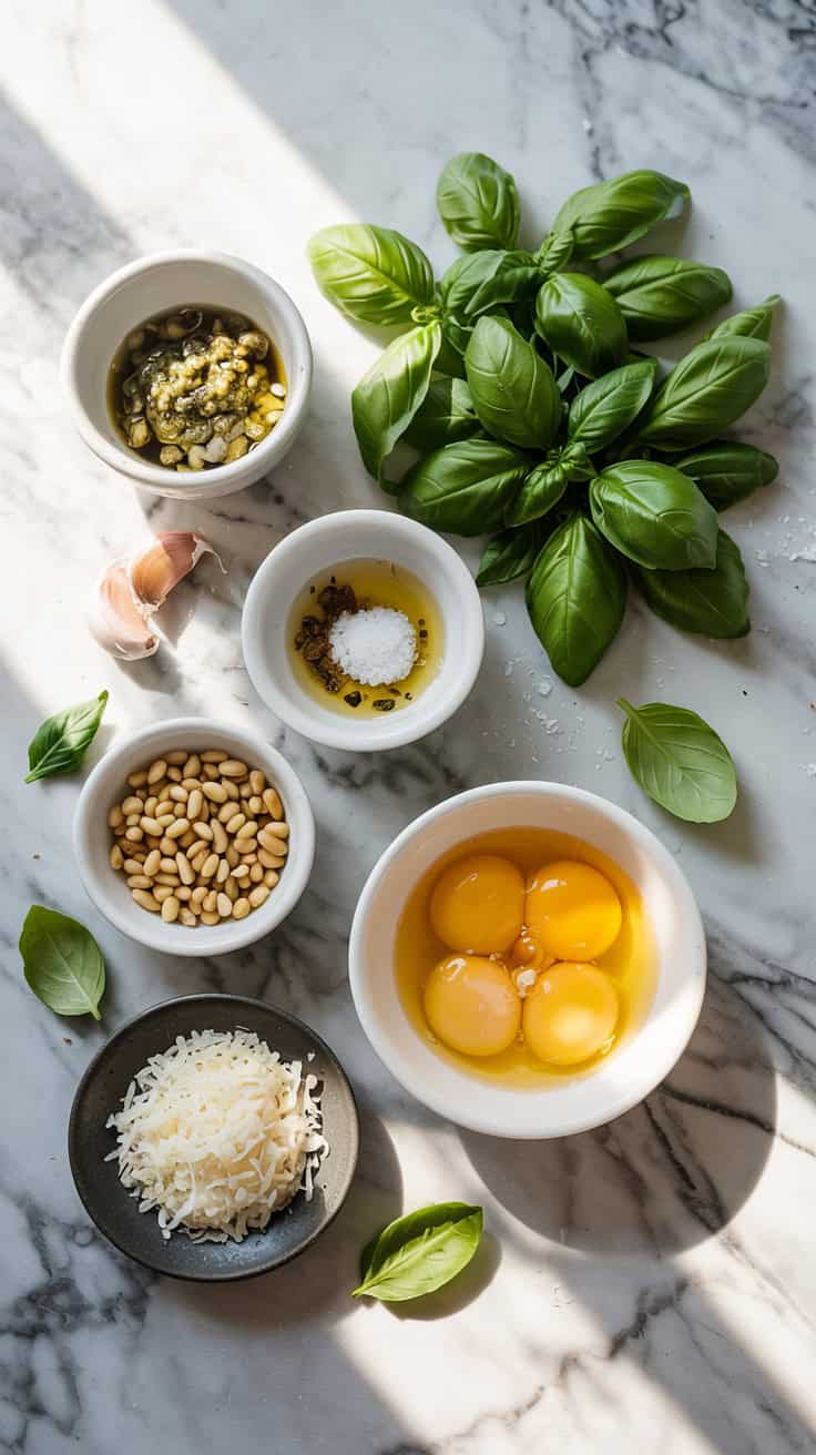 A top-view photograph shows the ingredients for pesto eggs arranged on a white marble countertop. Fresh basil leaves, garlic cloves, pine nuts, and grated Parmesan cheese are neatly organized around a bowl of cracked eggs. A sprinkle of salt and a drizzle of olive oil complete the arrangement, with natural sunlight casting a soft, warm glow over the scene.
