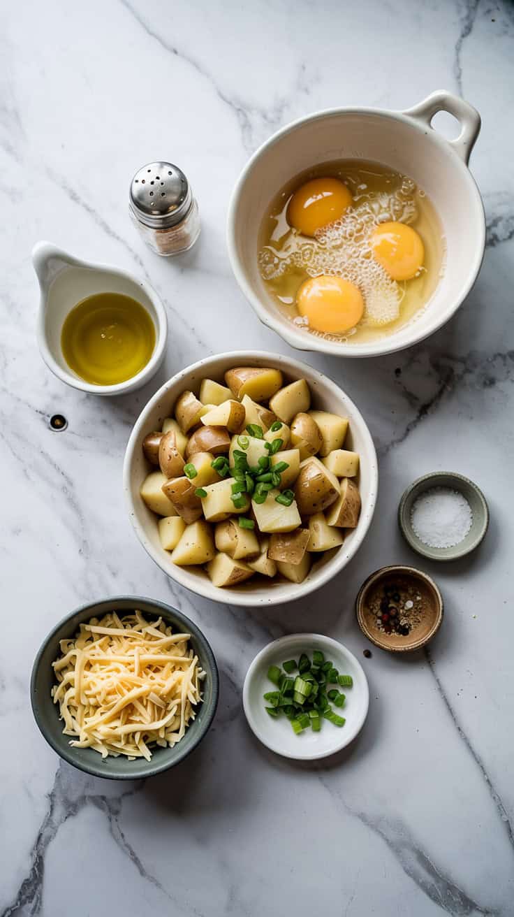 A top-down photograph of a beautifully arranged set of ingredients for a potato egg scramble on a pristine white marble countertop. In the center, a white ceramic bowl holds diced potatoes, another bowl contains whisked eggs, and a small dish of olive oil sits nearby. A third bowl holds shredded cheese, and a small dish of green onions for garnish is positioned to the side. A small salt shaker and pepper grinder complete the scene, with soft, natural light enhancing the colors and textures of the ingredients.