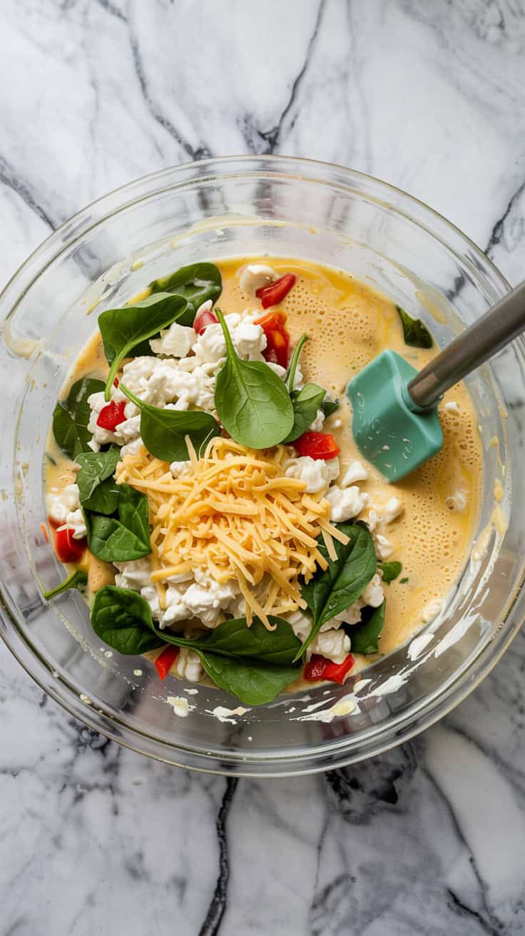A photo of a top view of a mixing bowl on a marble countertop. The bowl contains whisked eggs combined with cottage cheese, spinach, red bell peppers, and shredded cheddar. A rubber spatula is placed in the bowl. The mixture appears creamy and well-mixed, ready for pouring into muffin molds.
