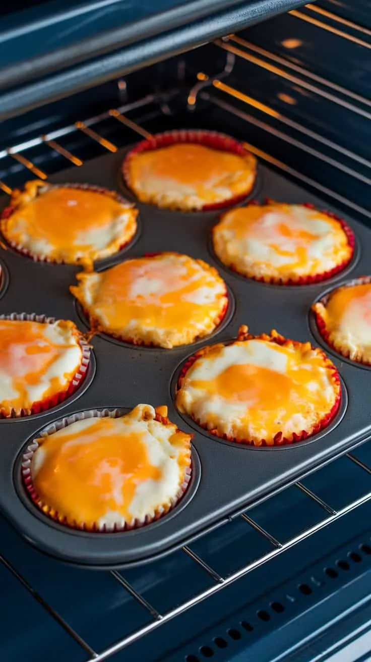 A photo of a muffin tin in the oven with egg muffins rising and turning golden on top. The cheese is beginning to melt and bubble, and the edges are puffing up. The oven rack is clean, and the photo is taken from a top-down angle, showing even baking.