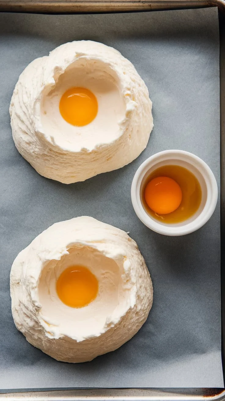A photo of a baking sheet lined with parchment paper. There are two mounds of whipped egg whites with small wells in the center. A yolk is resting in a ramekin beside the tray, ready to be added. The egg white mounds look airy and evenly shaped.