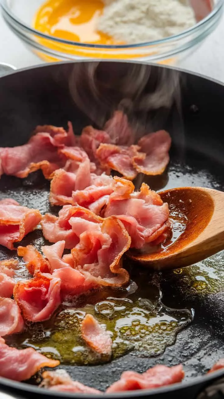 A photo of a close-up shot of pancetta sizzling in a skillet, turning golden brown with rendered fat pooling around it. A wooden spoon stirs the crispy pieces. In the background, there's a bowl of whisked egg yolks and Pecorino, ready to be combined. Steam rises from the pan as the pork crisps up.