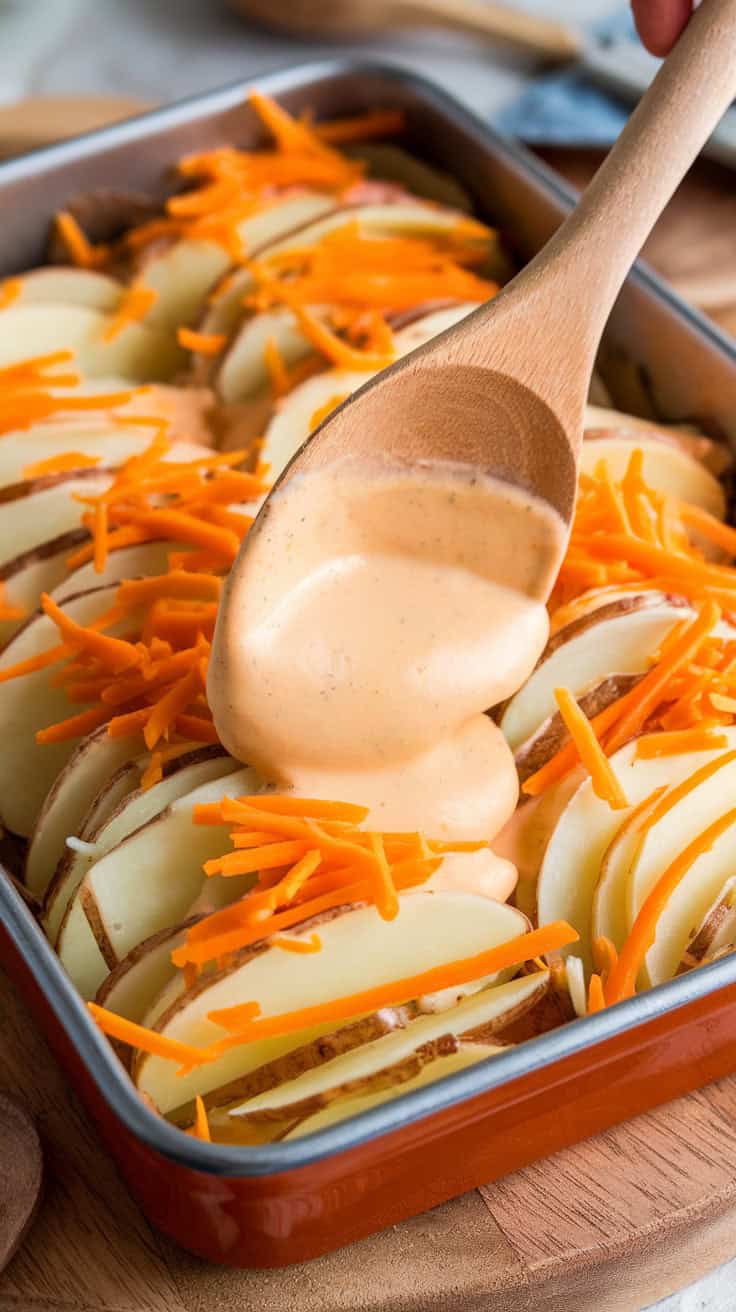 A photo of a close-up of a baking dish filled with layers of thinly sliced potatoes, creamy cheese sauce, and shredded cheddar cheese. A wooden spoon is spreading the sauce evenly over the potatoes, ensuring each layer is well coated before baking. The dish is placed on a wooden board. The background is blurred and contains a few kitchen utensils.