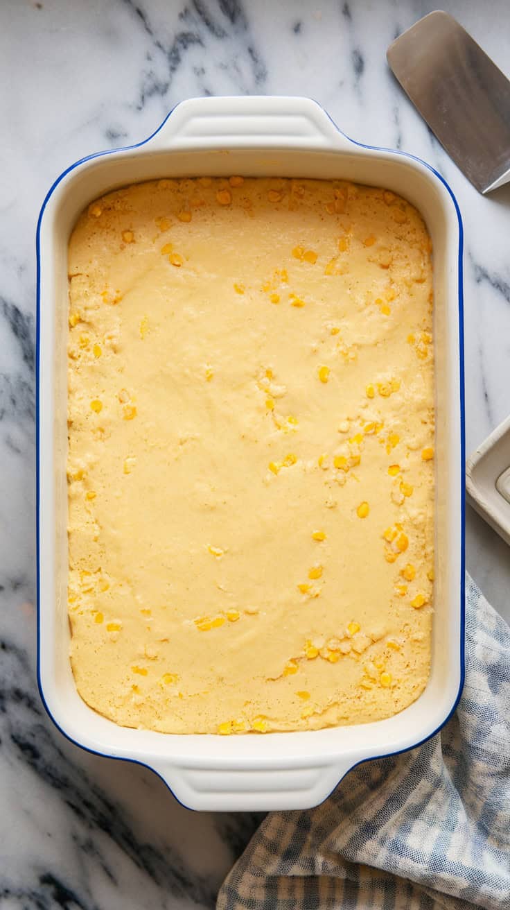 A photo of a casserole dish filled with corn pudding batter just before baking. The surface is smooth and pale yellow, with flecks of corn visible. The dish rests on a marble counter, with a spatula and towel off to the side.