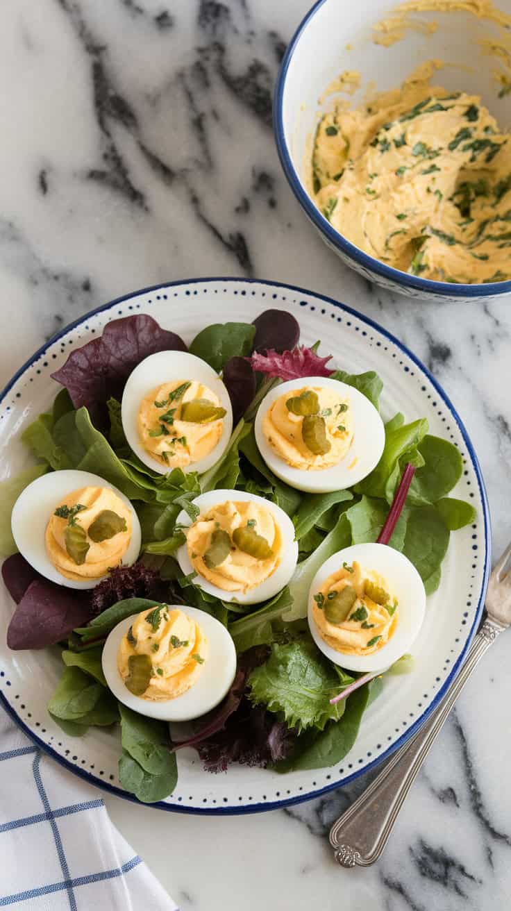 A photo of a white ceramic plate with fresh mixed greens topped with slices of hard-boiled eggs and a dollop of deviled egg filling. The plate is placed on a marble countertop. There's a fork resting beside the plate. The background includes a bowl of deviled egg filling made with mashed yolks, mayonnaise, mustard, and pickles. The overall image has a homemade and authentic touch.