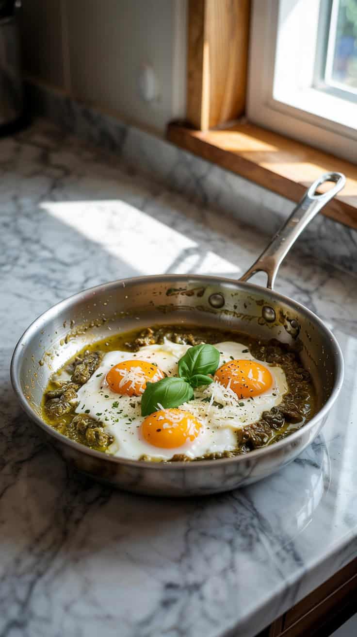 A photograph of pesto eggs cooking in a pan on a sleek marble countertop. The eggs are gently scrambling with vibrant green pesto mixed in, creating a creamy, flavorful dish. The pan is a stainless steel skillet with a wooden handle, placed on a marble surface that reflects the warm, natural light streaming in from a nearby window. A sprig of fresh basil and a sprinkle of grated Parmesan cheese enhance the dish, while a clean, minimalist kitchen background adds a modern touch.