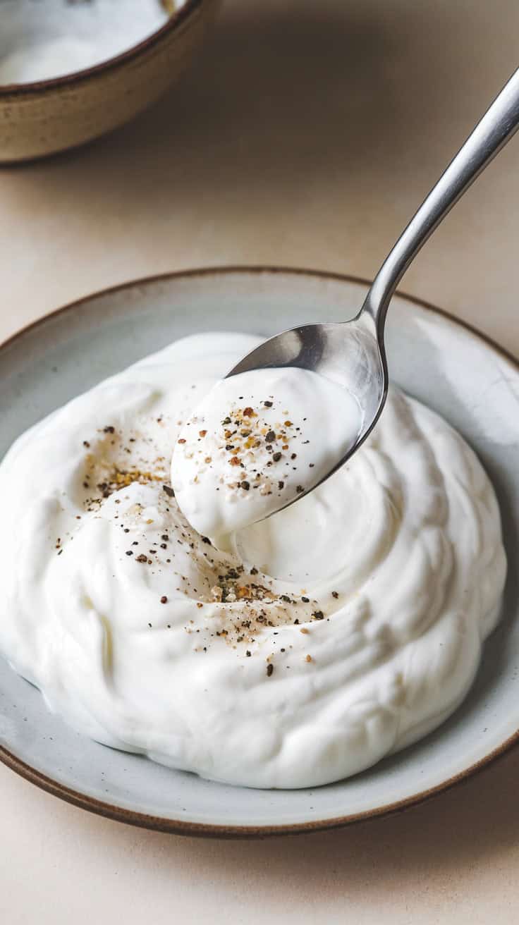 A photo of yogurt in a bowl. A spoon is scooping out the yogurt and adding salt and pepper. The yogurt is then spread out on a plate. The background is simple and clean.