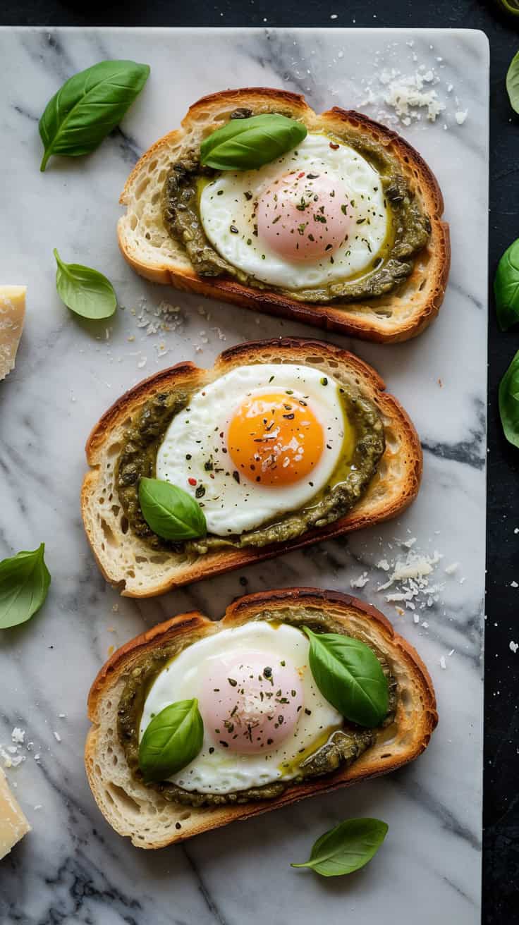 A top-view photograph of a beautifully arranged final serving of pesto eggs on toasts placed on a sleek marble countertop. The eggs are soft and creamy, with vibrant green pesto mixed throughout, creating a swirl of colors on the toasts. The toasts are perfectly golden, with a slight crust, and the pesto's herbaceous texture is visible. A few fresh basil leaves and a sprinkle of grated Parmesan cheese add a finishing touch, while the background is subtly blurred, enhancing the focus on the dish.