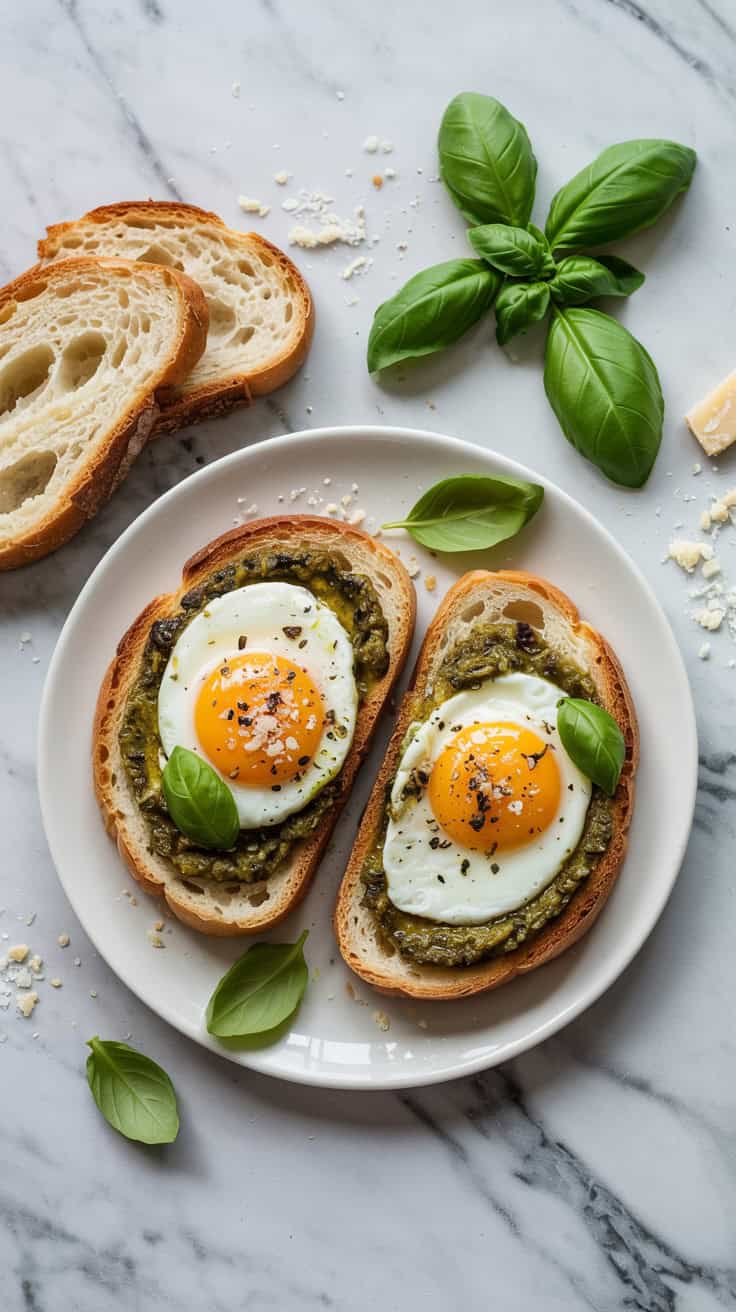 A top-view photograph of a final serving of pesto eggs on toasts. The eggs are soft and creamy, with vibrant green pesto swirled throughout, perfectly placed on a smooth white marble countertop. Two slices of crusty bread are positioned on either side of the plate, with a light dusting of Parmesan cheese and a sprinkle of fresh basil leaves adding a pop of color. The background is a clean, minimalistic kitchen setting with soft, diffused lighting enhancing the natural colors of the ingredients.